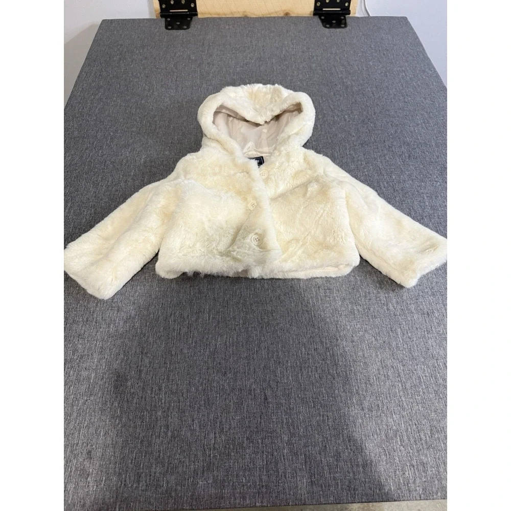 Baby Gap Toddler Girls Faux Fur Cream White Cropped Hooded Jacket Sz 18-24 Mths